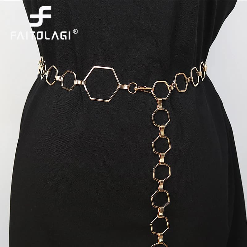 Fashion Hexagon Shape Women Waist Chain Geometric Belt For Women Gold Sliver Metal Belts Adjustable Suit Dress Ladies Waistband