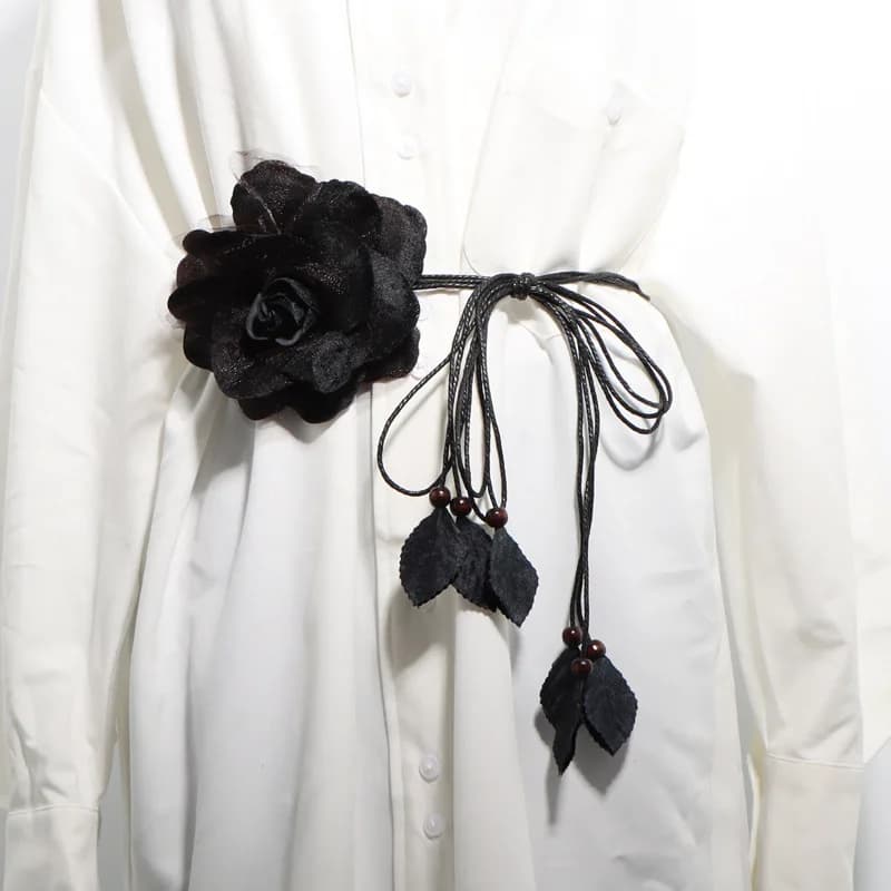 2024 Casual Wild Chiffon Big Flower Lady Thin Belt Sweet Tassel Braid Decoration Elegant Handmade Flower Fine Women Dress Belt