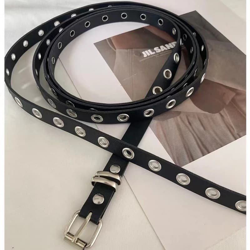 Women's American Vintage Belt New Double Loop Chain Rivet Eyelet Buckle Leather Belt Punk PU Leather Belts Rock Unique
