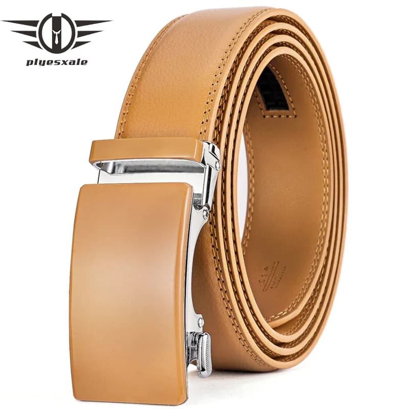 Plyesxale Genuine Leather Belt Men High Quality Ratchet Dress Belt With Automatic Buckle Blue Red Light Brown Mens Belts B36