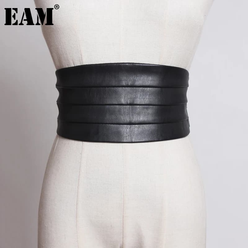[EAM]  Multicolor Black Red Pu Leather Elastic Wide  Belt Personality Women New Fashion Tide All-match Spring 2026 1U221