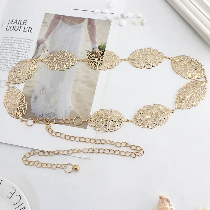 Fashion Metal Leaves Women Chain Belt Golden Sliver Long Waist Chain Ladies Dress Coat Decorative Waistband