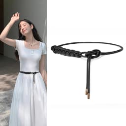 Women Knotted Long Belt Fashion Braided Leather Rope Thin Belt Female Dress Coat Decorative String Waistband
