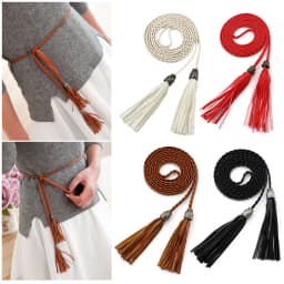 Women Long rope Waist Chain Belt Braided PU Leather Long Tassel Decoration Dress Waist Rope Knotted Skinny String Waistband