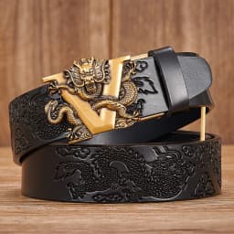 Male Chinese Dragon Belt Cowskin Genuine Leather Belt for Men Carving Dragon Pattern Automatic Buckle Belt Strap