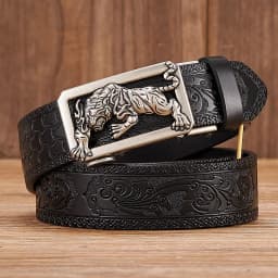 Fashion Tiger Buckle with Tang Grass Pattern Split Leather Belt for Men Work of Art Belt Automatic Buckle Business Belt