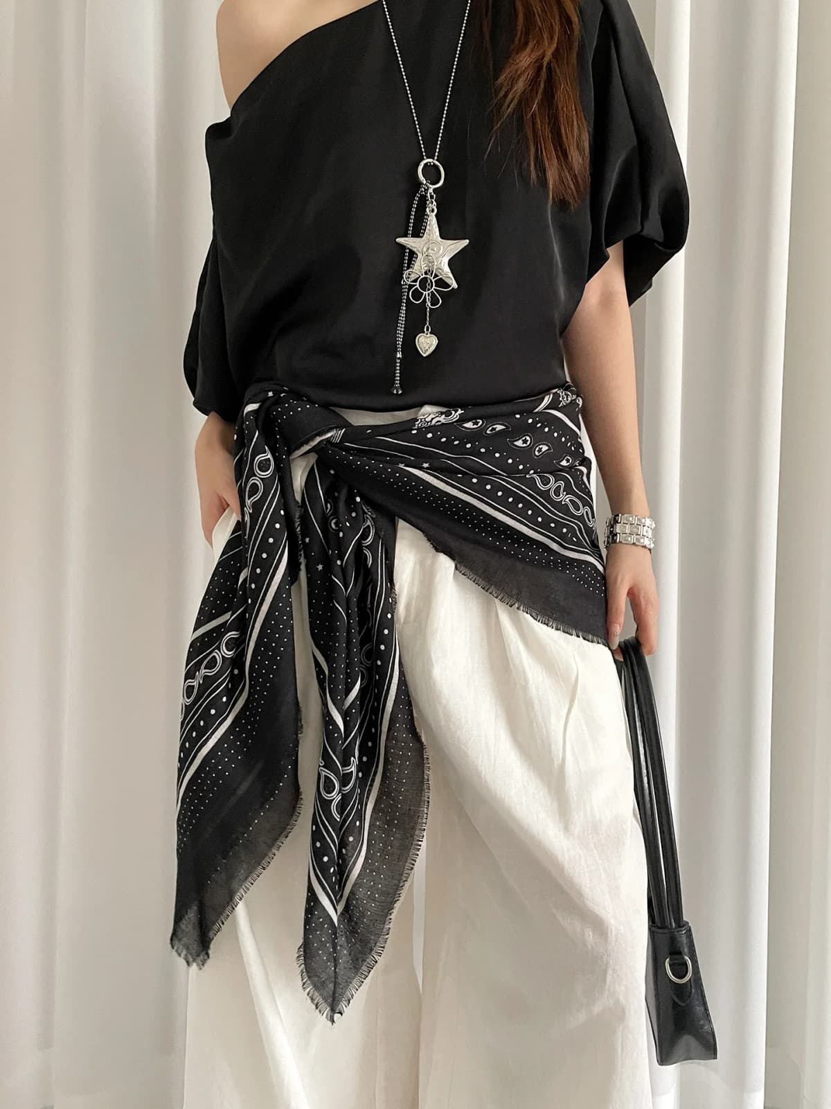 Retro Black Printed Petticoat Scarf Korean Lazy Style Thin Shawl Small Neck Scarf Accessory Belt