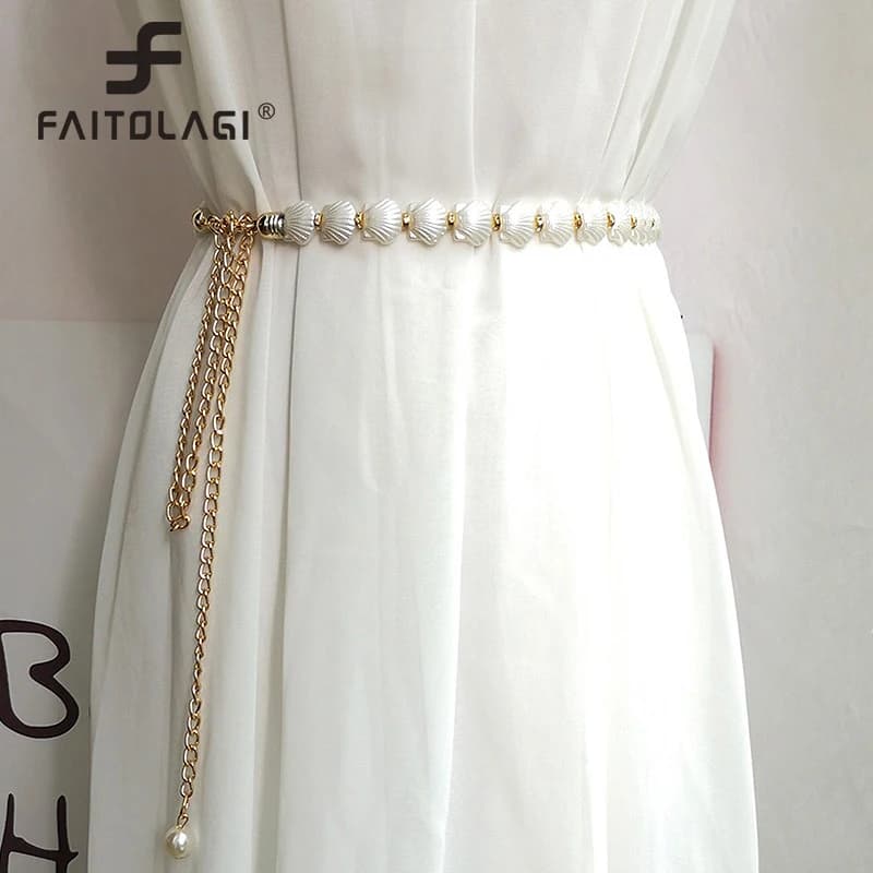 New Elegant Pearl Women Chain Belt Fashion Shell Metal Lady Waist Belts Thin Slim Dress Long Waistbands Straps Banquet Wedding