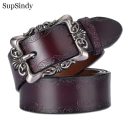 SupSindy Women Genuine Leather Belt Cowskin Casual Punk Luxury Brand Designer Belts For Women Jeans Waistband Female Black Strap
