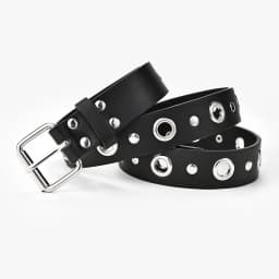 Unisex Black PU Leather Belt with Pin Buckle & Eyelets - Punk Style, for Jeans & Casual Wear