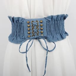10x66cm Elegant Ruffles Wide Belts Denim Blue Lace Up Waist Belt Vintage Elastic Waistband Casual Dress Coat Girdle For Women
