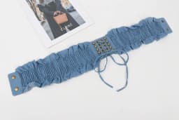 10x66cm Elegant Ruffles Wide Belts Denim Blue Lace Up Waist Belt Vintage Elastic Waistband Casual Dress Coat Girdle For Women