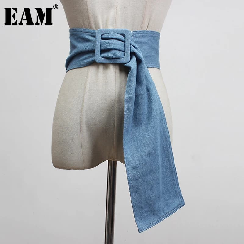 [EAM]  Blue Denim Big Buckle Irregular Split Joint Long Wide Belt Personality Women New Fashion Tide All-match Spring 2026 1Y100