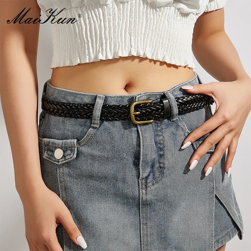 Maikun Women's Braided Belt Gold Alloy Pin Buckle Vintage Personalised Belt High Quality PU Leather Belt