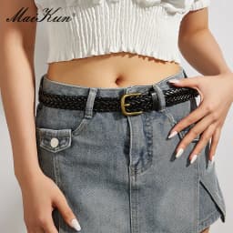 Maikun Women's Braided Belt Gold Alloy Pin Buckle Vintage Personalised Belt High Quality PU Leather Belt