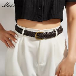 Maikun Women's Braided Belt Gold Alloy Pin Buckle Vintage Personalised Belt High Quality PU Leather Belt