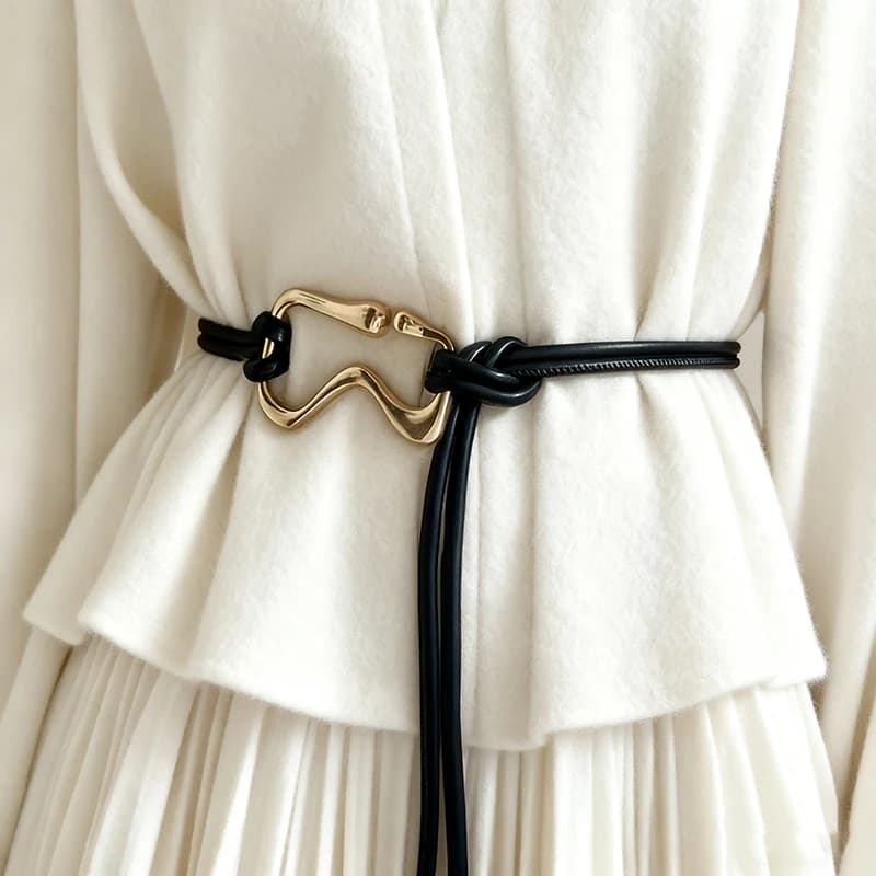 Casual PU Leather Women Thin Belt Long Golden Buckle String Waist Belt Rope Knotted Dress Coat Waistband Ladies Black Straps