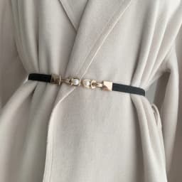 Elegant Double Pearls Buckle Elastic Women Belts Black Thin Straps Lady Girl Dress Skirt Decor Waistbands