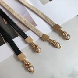 Elegant Double Pearls Buckle Elastic Women Belts Black Thin Straps Lady Girl Dress Skirt Decor Waistbands