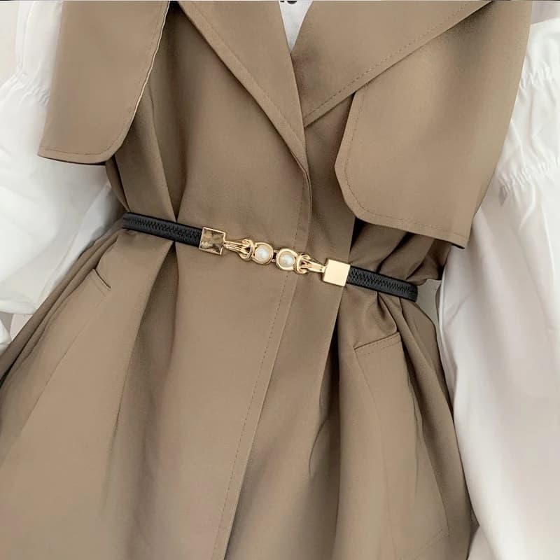 Elegant Double Pearls Buckle Elastic Women Belts Black Thin Straps Lady Girl Dress Skirt Decor Waistbands