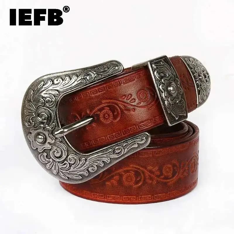 IEFB Men's Embossed Belt Leather Floral Carving Genuine Belts Men Women Jean's Decoration Luxury Designer Waistband 9W1163
