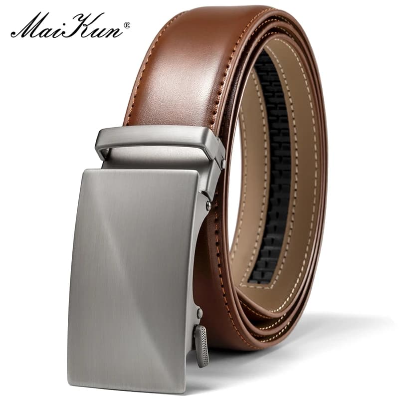 Maikun Brown Leather Ratchet Belts for Men Quick Release and Trim to Fit Length Width 1 3/8"