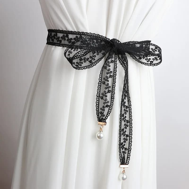 3.3x160cm Fashion Sweet Decorative Lace Waist Belts DIY Bow Knot Pearl Pendant Waistband Elegant Dress Waist Chain for Women