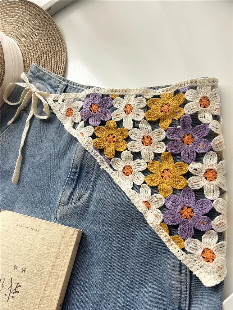Flower Hollow Dopamine Triangle Scarf Headscarf Knitted Cotton Fringed Fart Curtain Stacked Through Waist Seal Belts Hip Cover