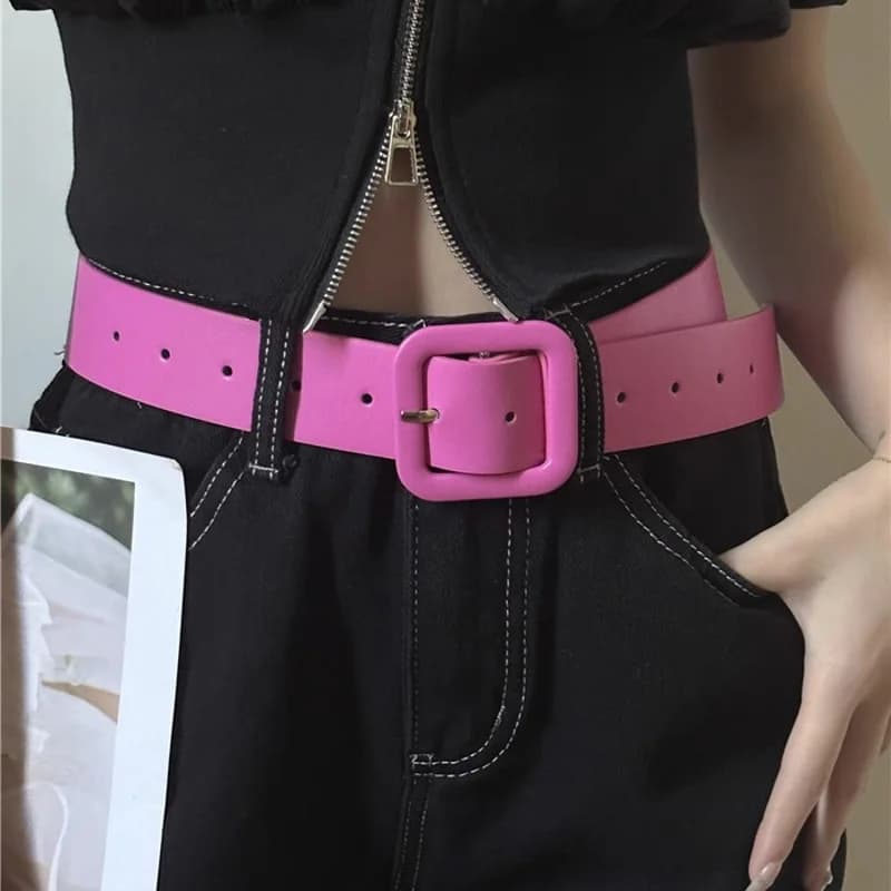 Y2K Pink Belt for Girls Vintage Square Metal Buckle Waistband Women Punk Hip Hop Lady Trouser Dress Decor Waist Strap