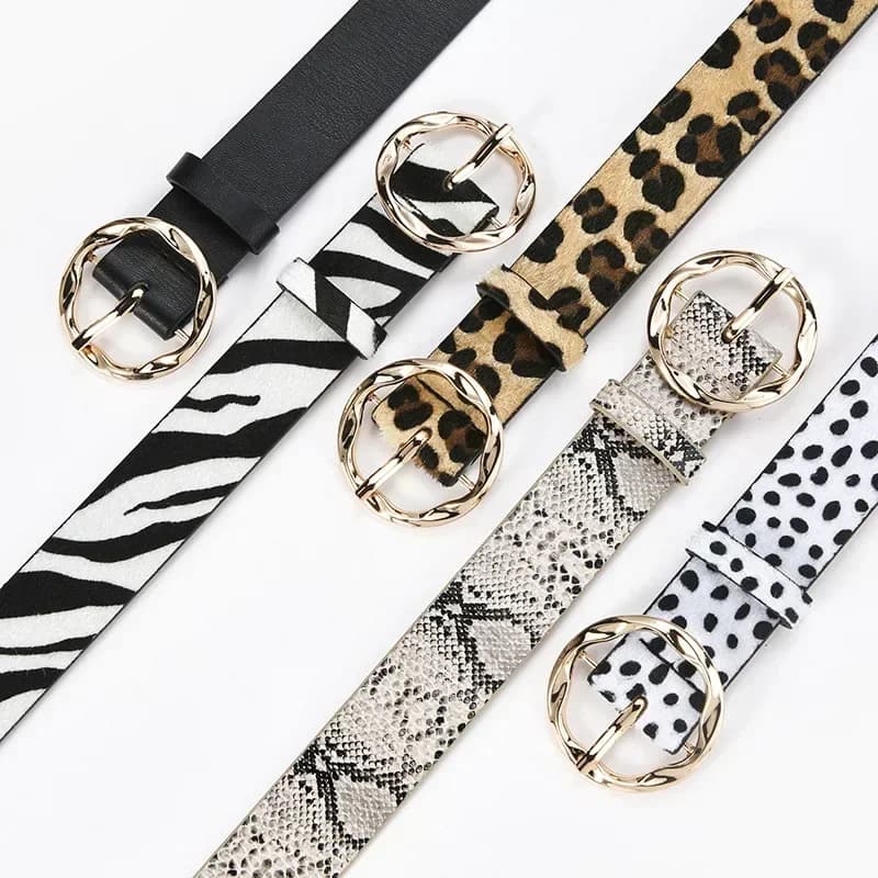 2023 New Women Leopard Snake Zebra Pattern Snakeskin Cos Skin Cricle Pin Golden Buckle Belts for Dress Jeans Suits
