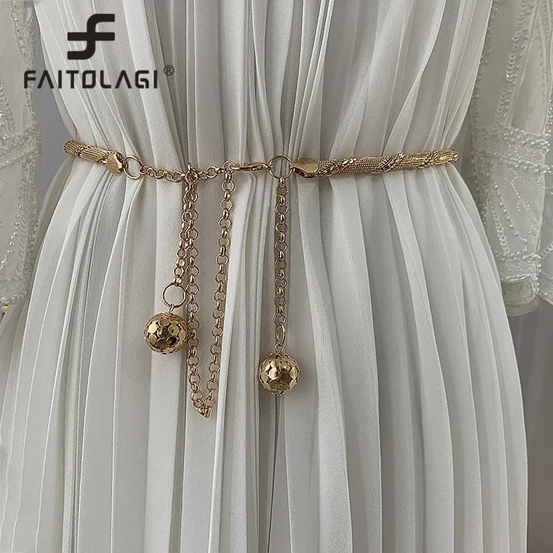 Gold Metal Thin Women Belt Elegant Shiny Tassel Long Chain Waist Belts For Ladies Fashion Dress Skirt Waistband Body Belts