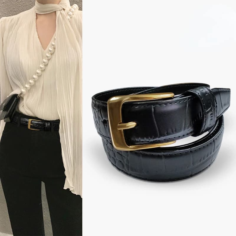 New Genuine Leather Simple Versatile Crocodile Pattern Women's Thin Belt Decoration with Dress Fashion Casual Trouser Straps