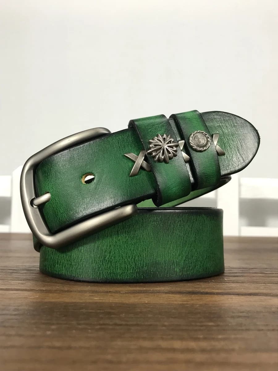 Top Layer Cowhide Belt Unisex Youth Jeans Style Soft Rivet Design Green Blue Match Belt for Men And Women