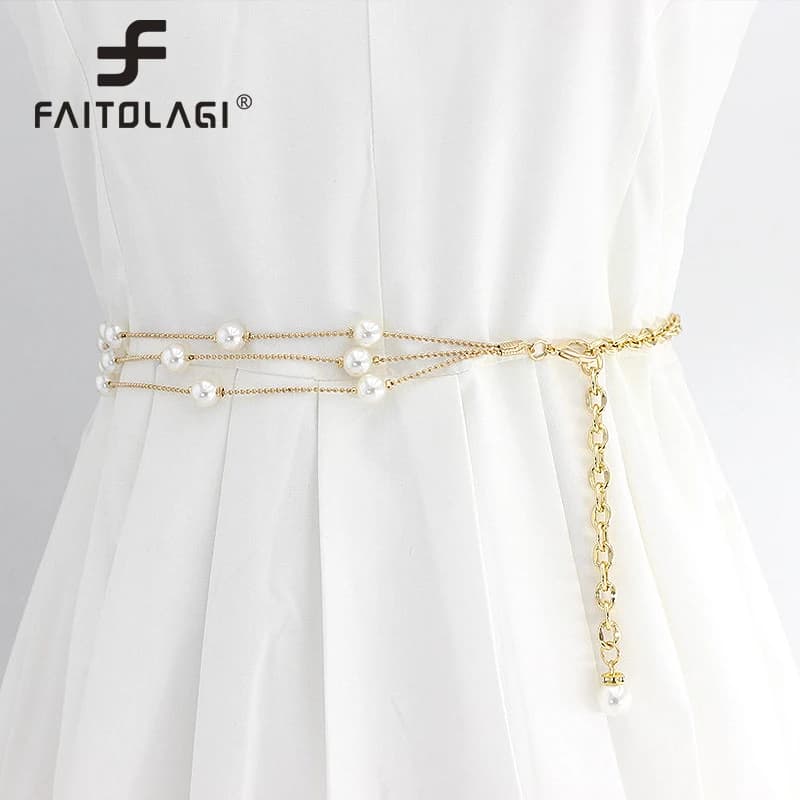 Multilayer Pearl Thin Long Belt For Women Elegant Gold Metal Body Chain Apparel Dress Decor Adjustable Female Waist Bands Straps