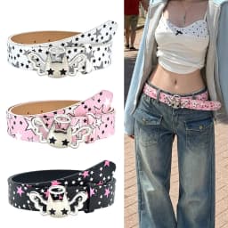 Y2k Star Women's Belt Dopamine Cat Metal Pin Buckle Waist Belt Gothic Pink PU Leather Jeans Belt Trendy Y2k Waistband