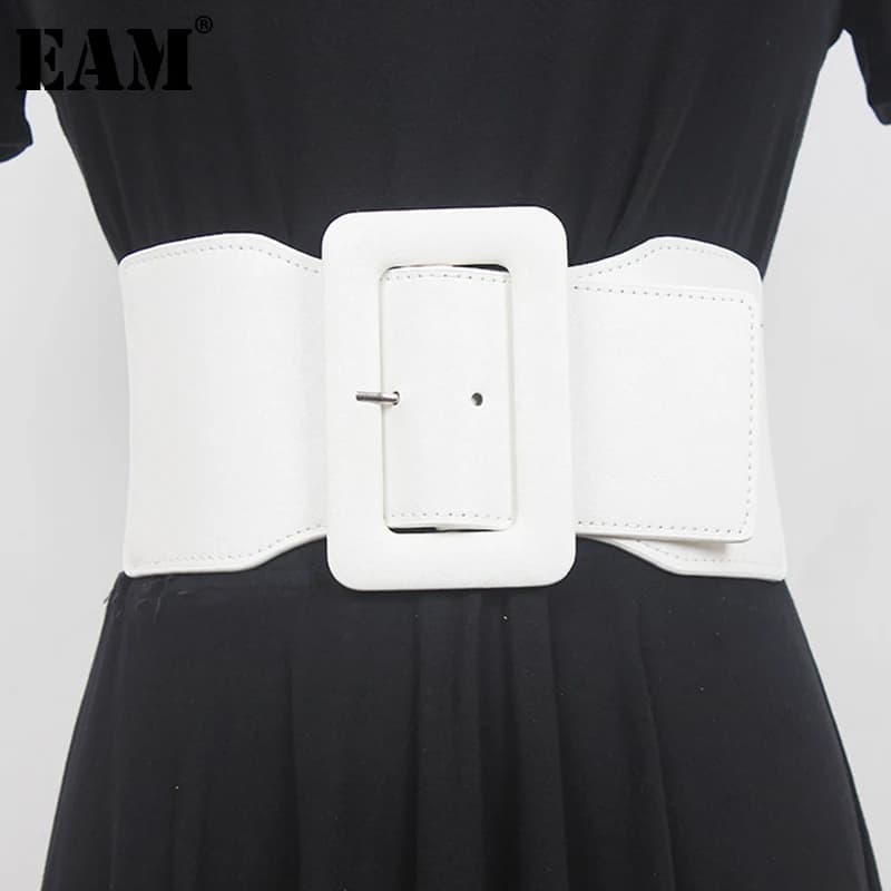 [EAM]  Pu Leather White Irregular Elastic Wide Belt Personality Women New Fashion Tide All-match Spring Autumn 2026 1DE7735