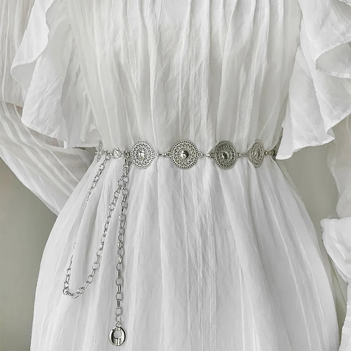 Women Hollow Out Round Metal Belt Gold Silver Carved Long Adjustable Chain Belts Elegant Lady Girl Dress Coat Decorative Strap