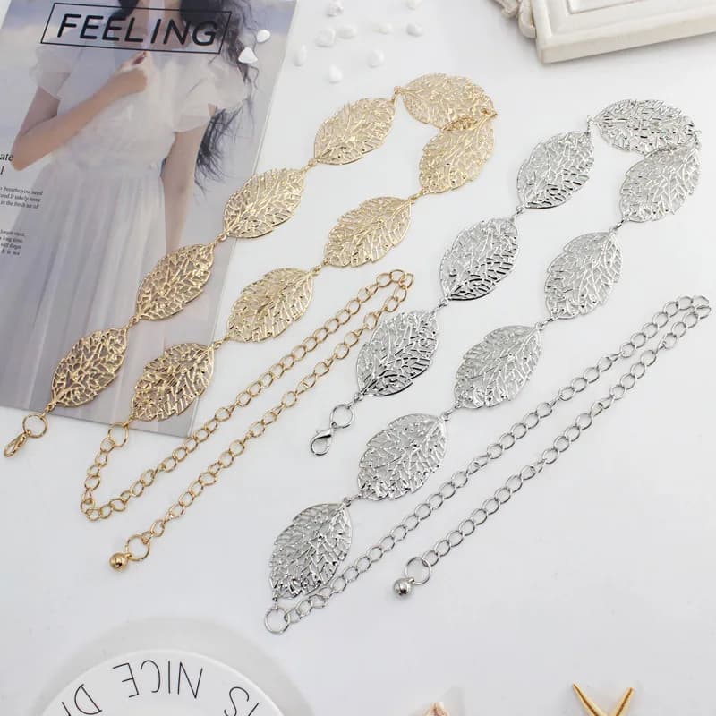 Fashion Women Metal Vintage Belt Leaf Stylish Metal Golden Silver Leaves Design Chain Belt Women's Waist Elasticity Waist Belt