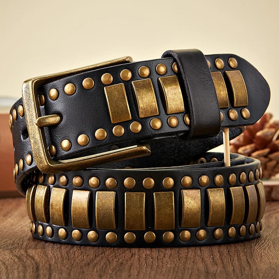 Punk Rock Belts Geometry Pattern for Men for Women Rivet Studded Belts First Layer of Cowskin Hip Pop Decorative Belts