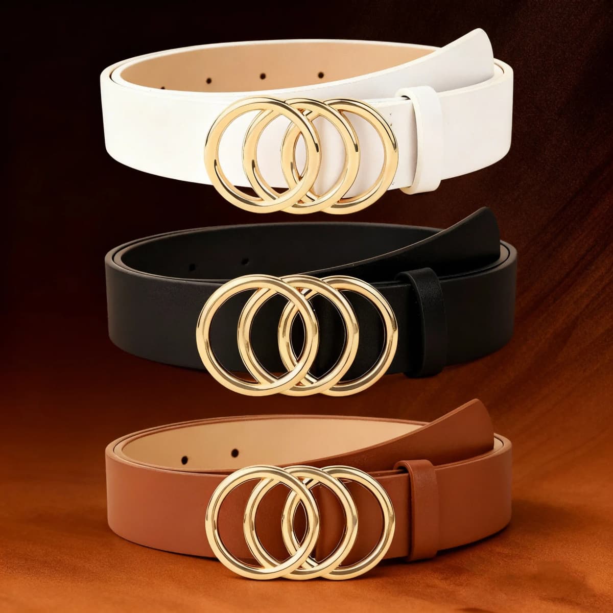 1pc women's light luxury casual multi-color three-circle metal buckle belt for jeans, a versatile decorative belt