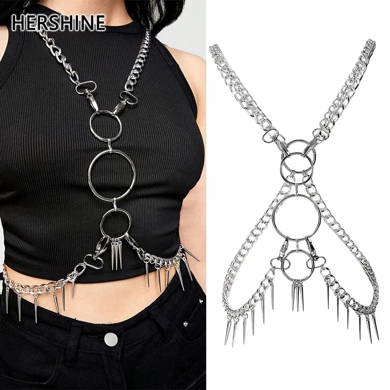 HERSHINE Women's Sexy Silver Ring Spike Body Chain Set, Y2K Gothic, Punk, Harajuku, Rock & Hip Hop Accessories,spring,summer