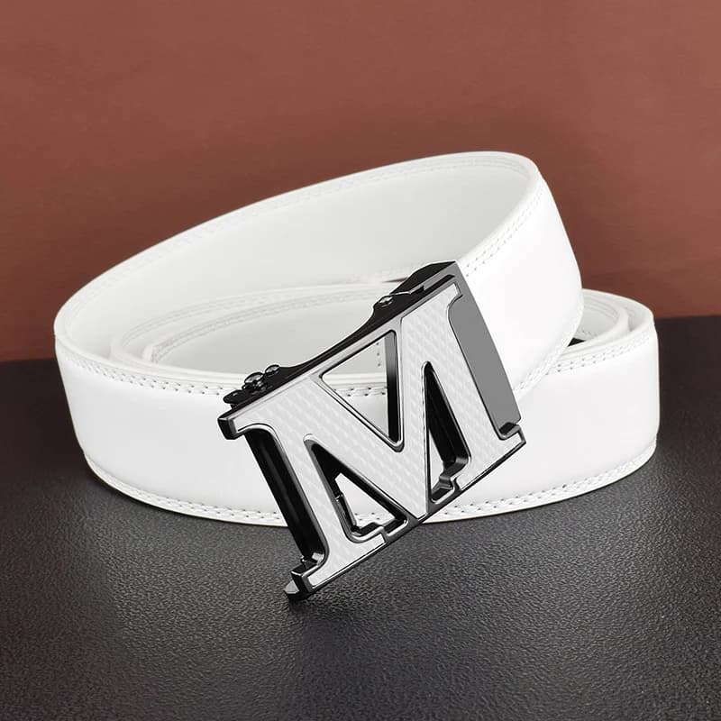 High Quality M Letter White Men Designer Shapes Luxury Brand Automatic Belt Buckle Cow Cow Cow Wait Blood Die