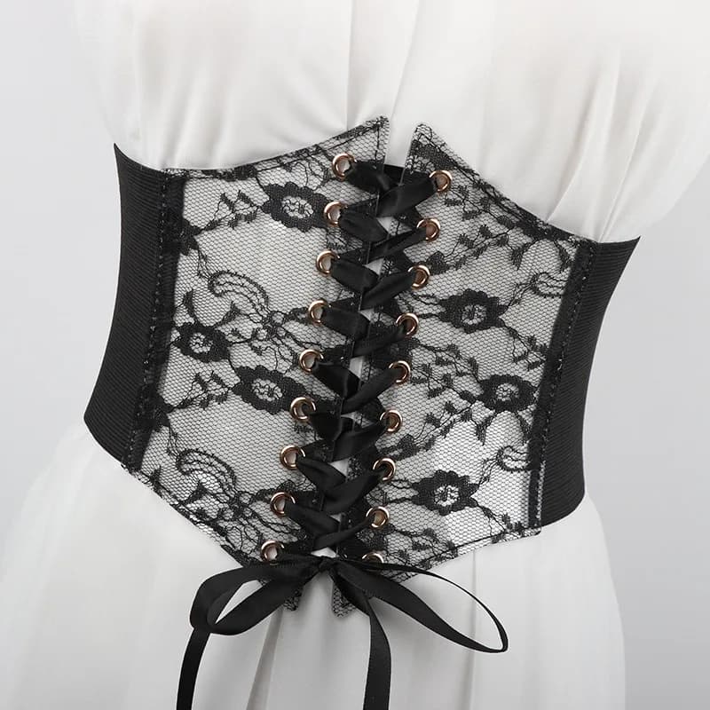 Transparent Lace Wide Corset Waist Belt Flower Embroidery Waistband Strap Stretchy Decorative Black White Red Body Shapewear
