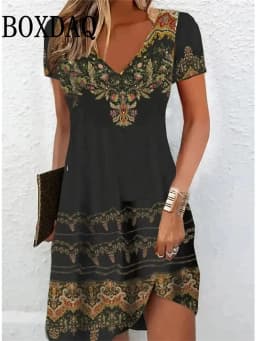 2025 Retro Women Dresses Ethnic Style Floral Print Loose Midi Dress Plus Size Casual Short Sleeve Pullover V-Neck Dress Sundress