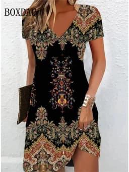 2025 Retro Women Dresses Ethnic Style Floral Print Loose Midi Dress Plus Size Casual Short Sleeve Pullover V-Neck Dress Sundress