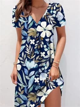 2025 Retro Women Dresses Ethnic Style Floral Print Loose Midi Dress Plus Size Casual Short Sleeve Pullover V-Neck Dress Sundress