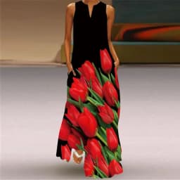 Summer Women's Artistic Retro Sleeveless V-neck Pullover Print Sexy Dress Long Skirt Women's Loose Waist Oversized Swing Skirt