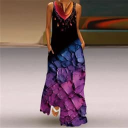 Summer Women's Artistic Retro Sleeveless V-neck Pullover Print Sexy Dress Long Skirt Women's Loose Waist Oversized Swing Skirt