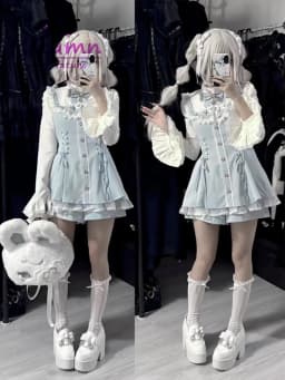 Mikumn Harajuku Y2k Japanese Lolita Style Dress With Shorts Kawaii Vestidos Women Gothic Lace Bow Flare Sleeve Party Mini Dress
