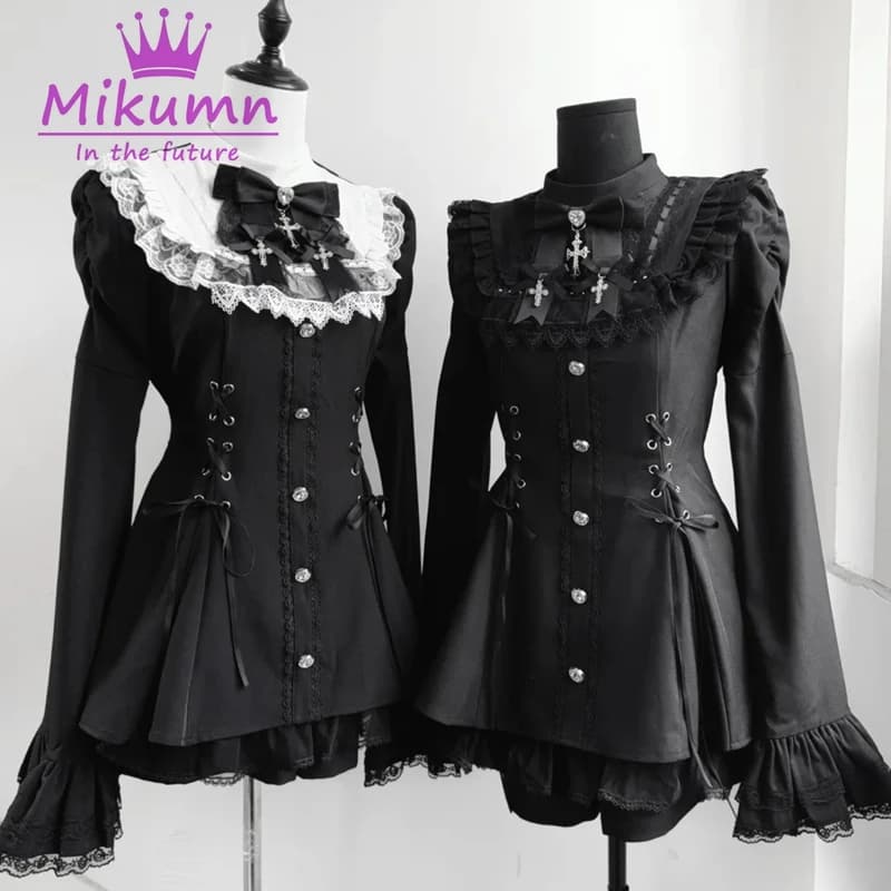 Mikumn Harajuku Y2k Japanese Lolita Style Dress With Shorts Kawaii Vestidos Women Gothic Lace Bow Flare Sleeve Party Mini Dress